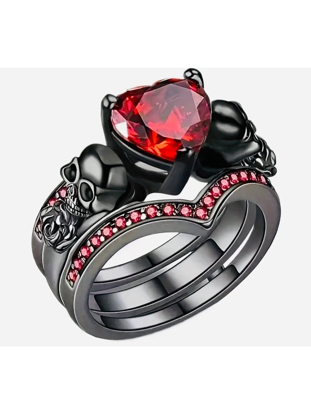 New - 3Pc Set - Skull Rose Red Zirconia Ring - 6
